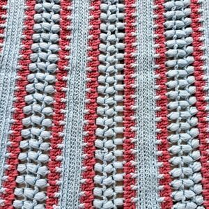 Hand Crocheted Striped Afghan Blanket Scalloped Edge Blue Pink 50x65